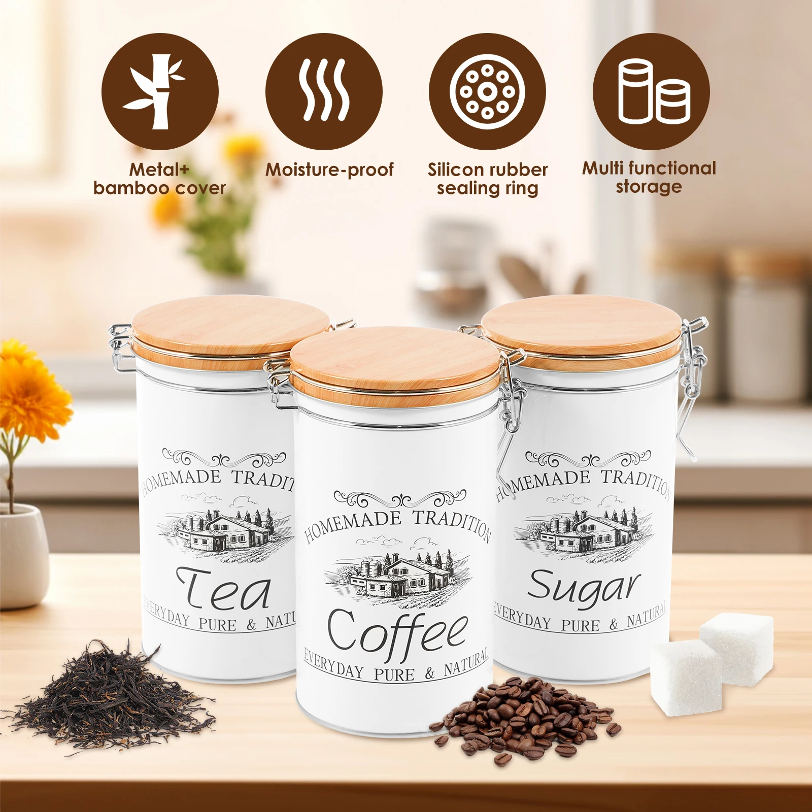 3 unids/set de botes de azúcar - Coffee Tea Sugar Canisters reseña y precio